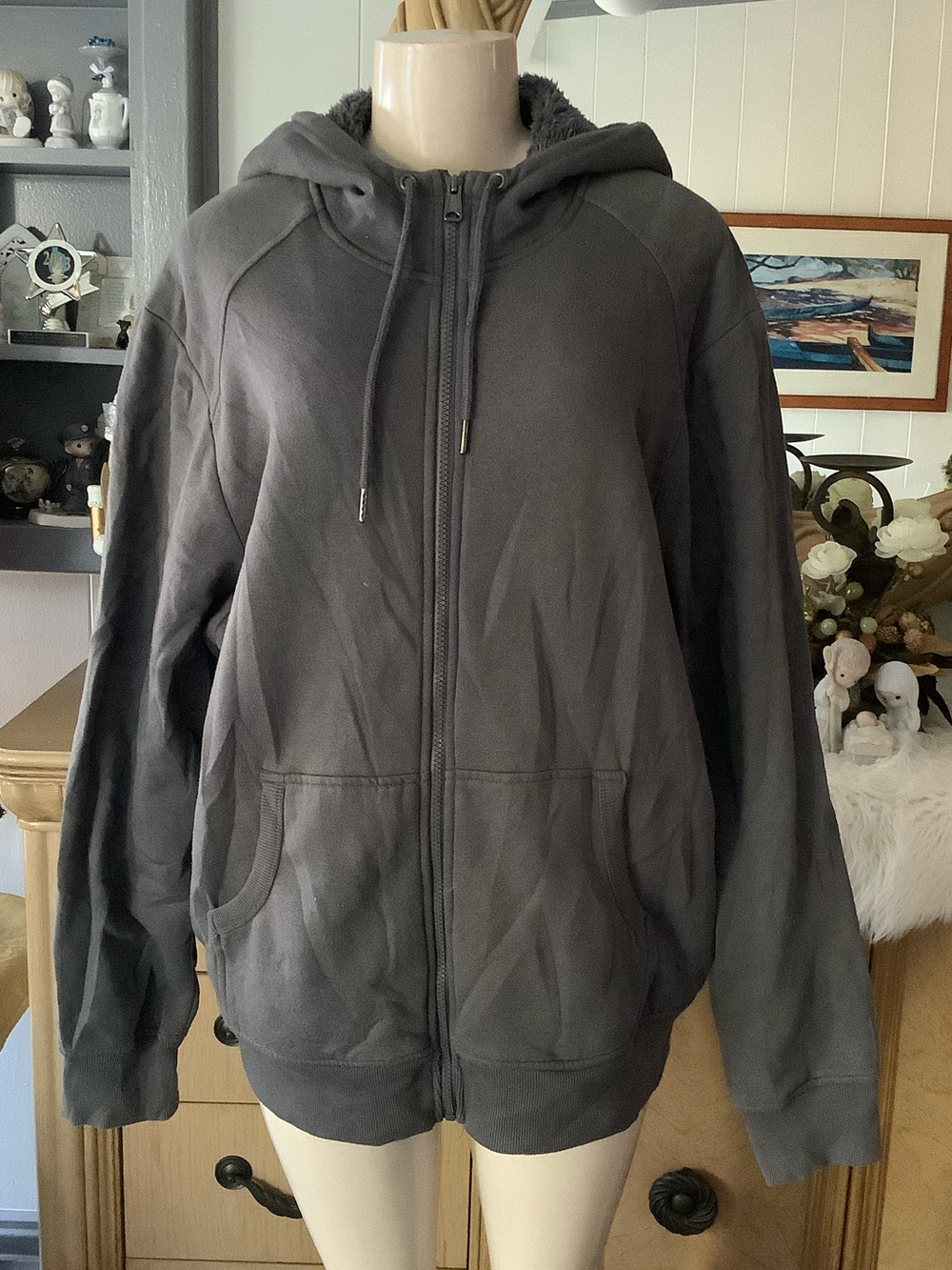 George Men's Charcoal Gray Zip-Up Hooded Sweater Size XL (46-48)